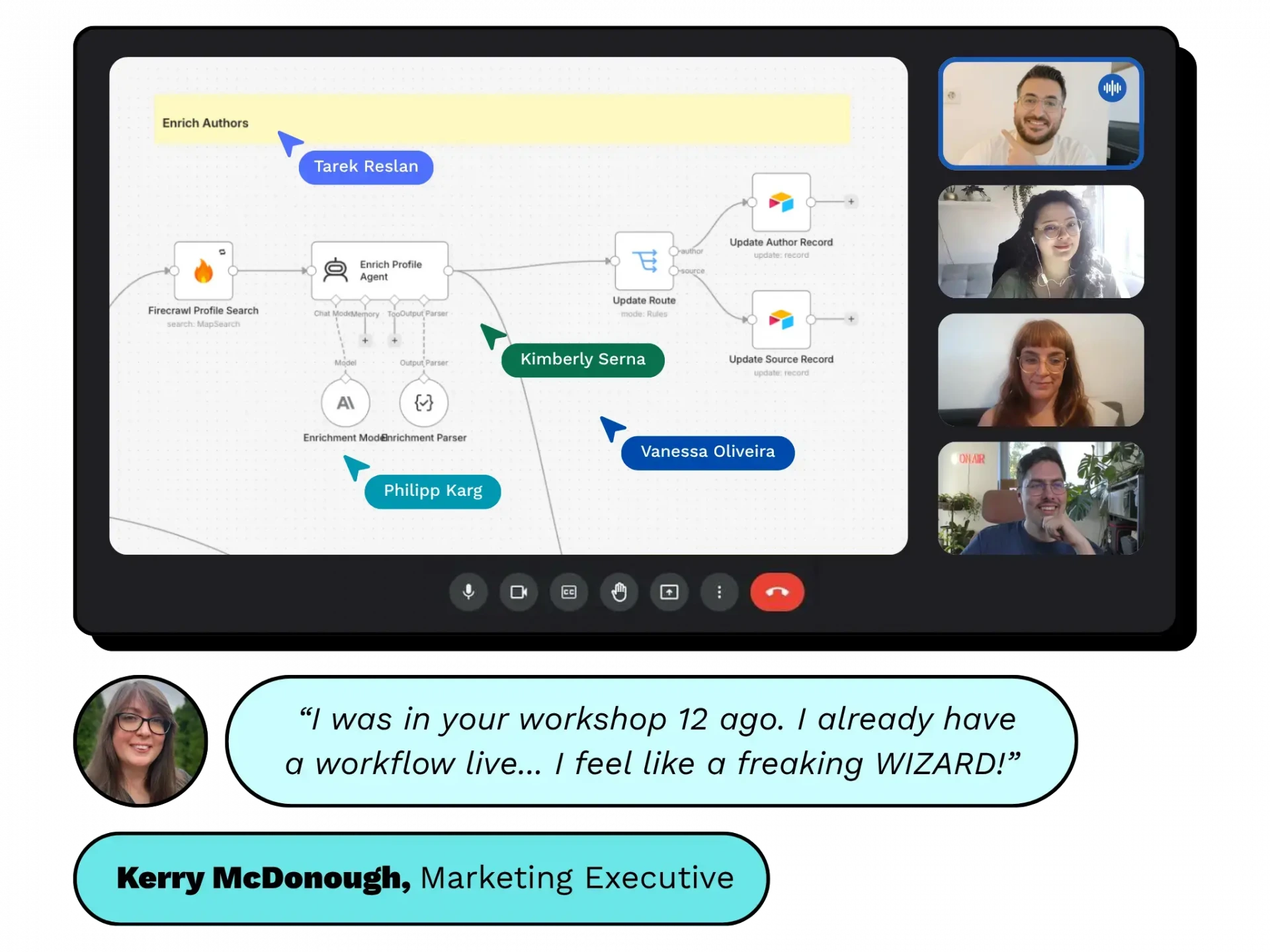 CXL cohort participants on a live call building an author-enrichment workflow together, with a testimonial from Kerry McDonough, Marketing Executive