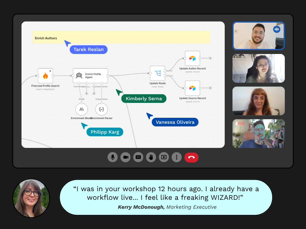 CXL cohort participants on a live call building an author-enrichment workflow together, with a testimonial from Kerry McDonough, Marketing Executive