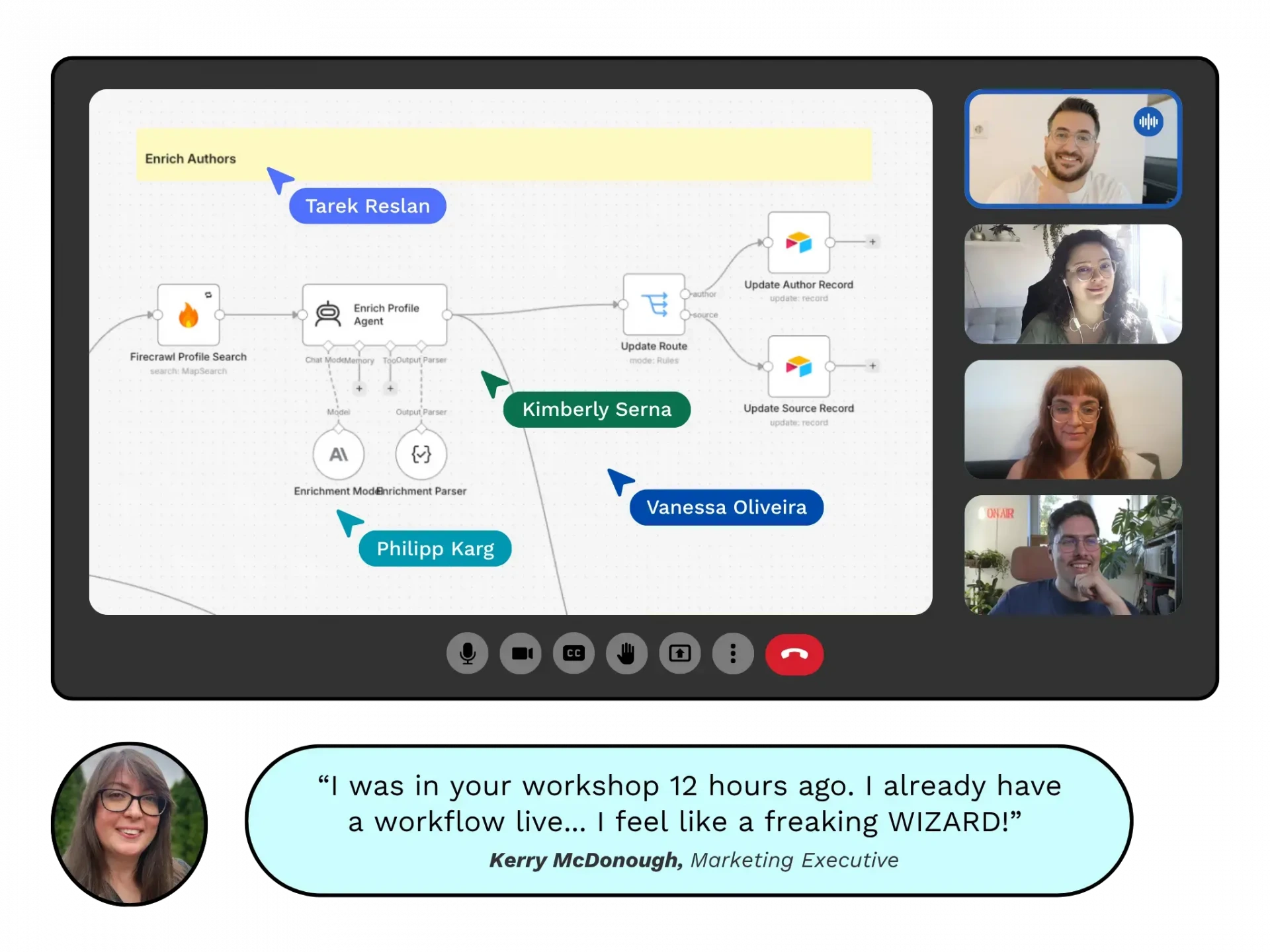 CXL cohort participants on a live call building an author-enrichment workflow together, with a testimonial from Kerry McDonough, Marketing Executive