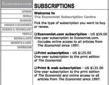 L'effetto esca nel caso di The Economist illustrato da Dan Ariely 