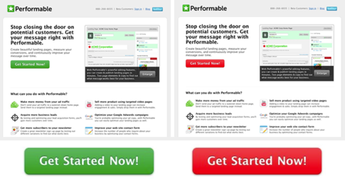 comparison of "get started now" button colors (red vs. green)