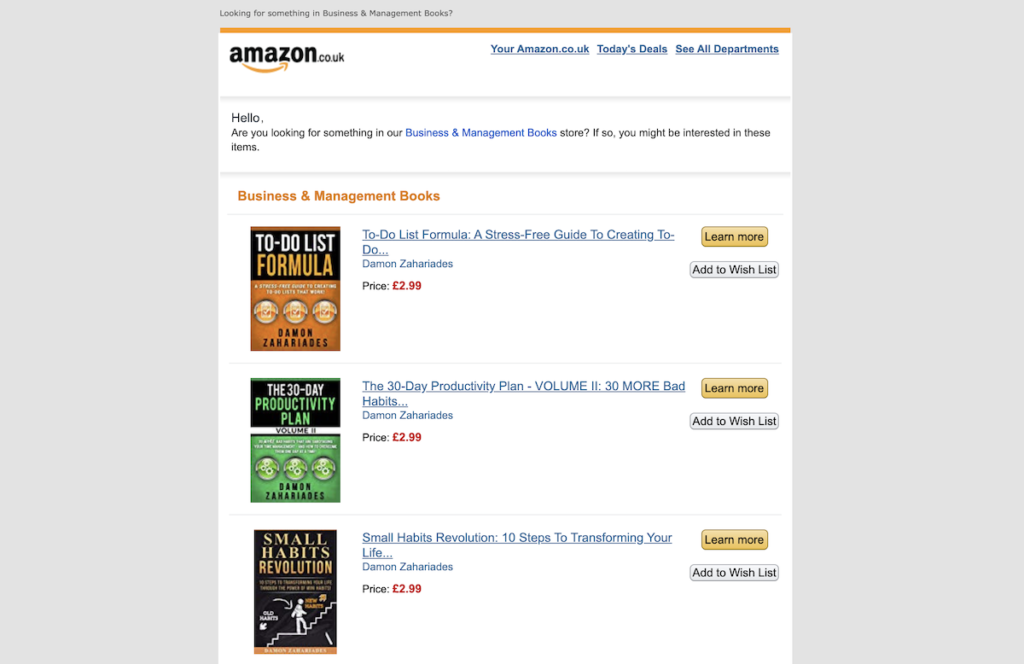 Amazon email example of personalized recommendations.