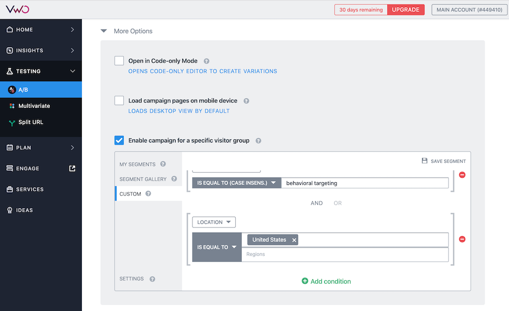 Example of setting up specific visitor groups in the VWO tool.