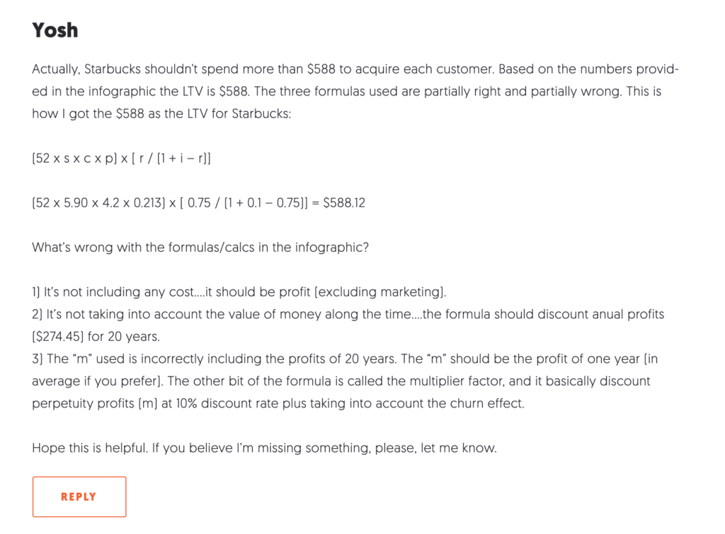 Comment from Kissmetrics' infographic on LTV.