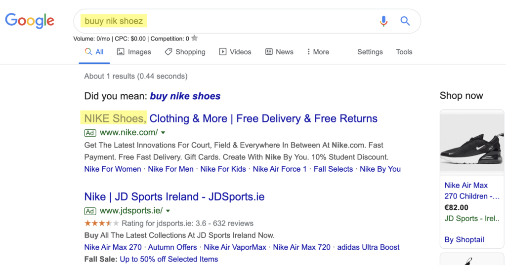 Example of misspellings in Google search that still display relevant ads.