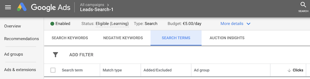 Example of where to find the search terms report in Google Ads.