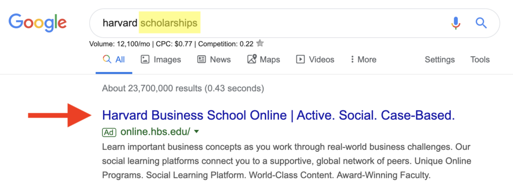 An example of low correlation between a search term and a search ad's landing page.