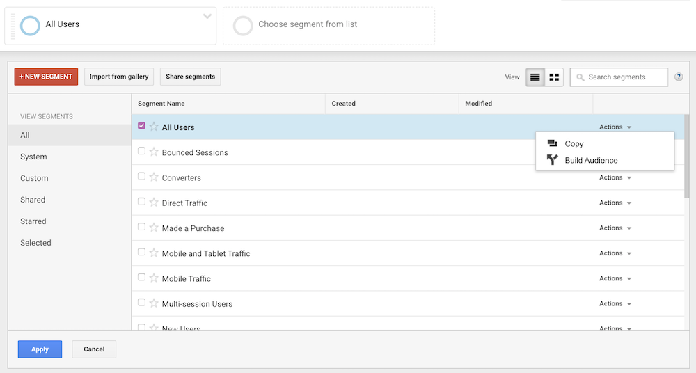 Choosing a segment to view in Google Analytics.