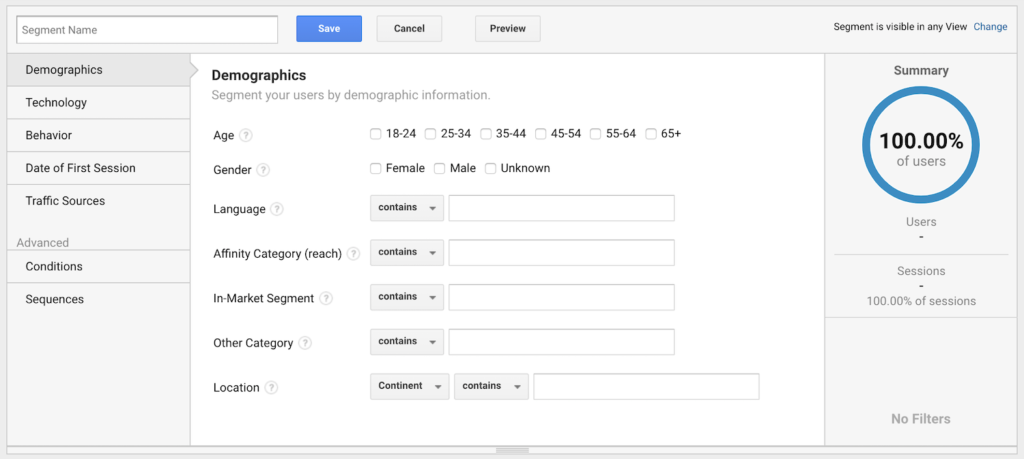 Creating a new segment on Google Analytics.