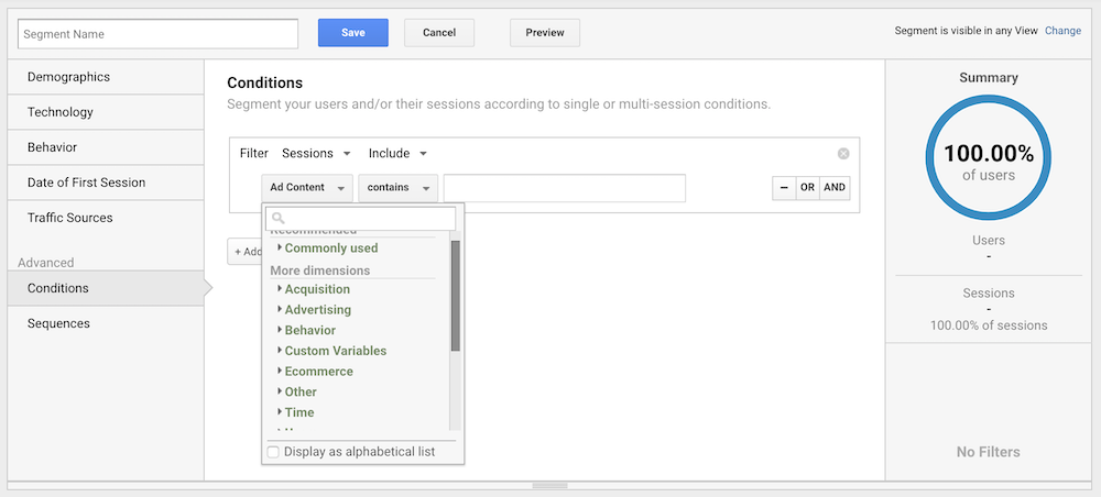 Setting a conditions-based segment in Google Analytics.