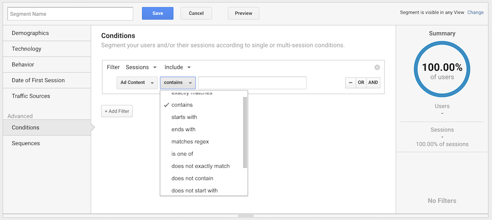 Setting a conditions-based segment in Google Analytics.