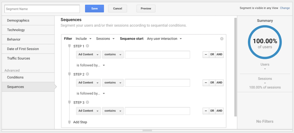 Setting a sequence of events as an advanced segment in Google Analytics.