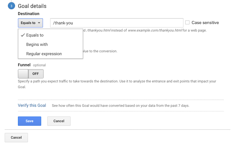 Goal destination on Google Analytics.