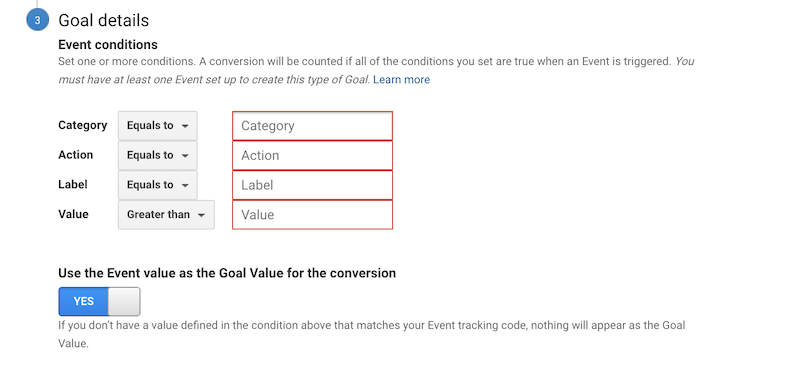 Event conditions for a goal on Google Analytics.