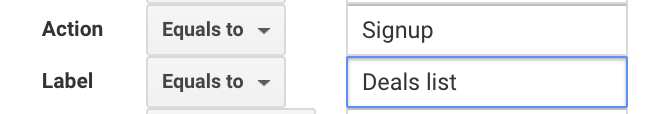 Action and label in the setup of a goal on Google Analytics.