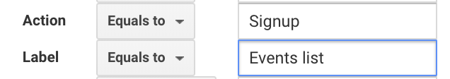 Action and label in the setup of a goal on Google Analytics.