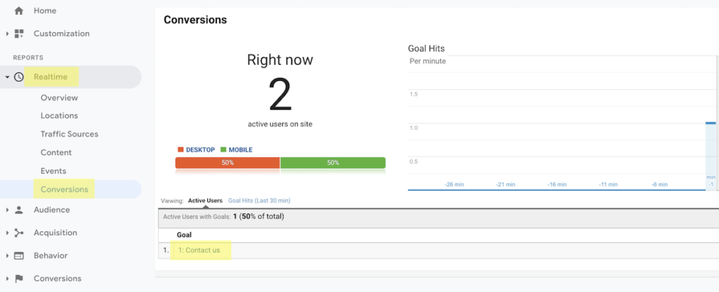 Verifying a goal using the real time report on Google Analytics.