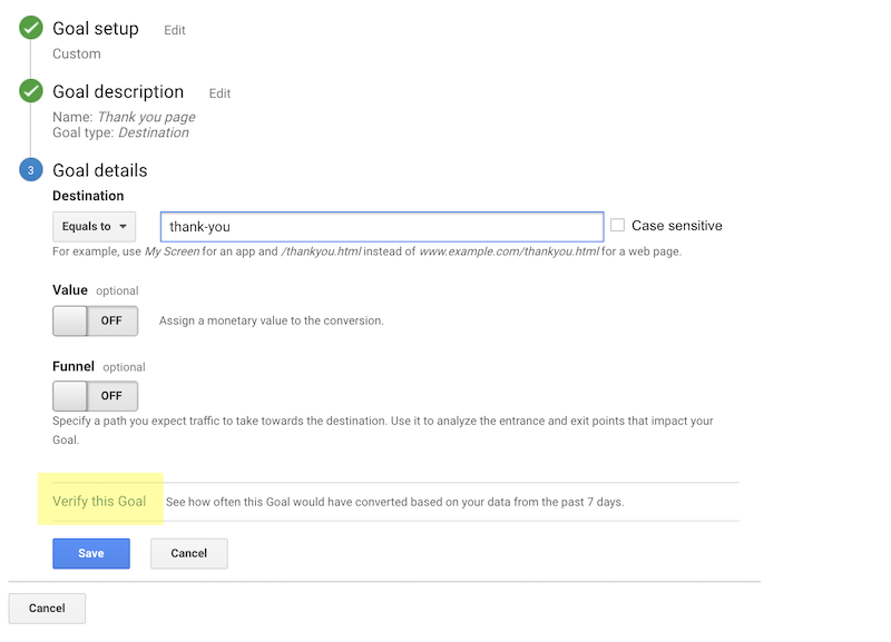 The option to verify a Google Analytics goal during setup.