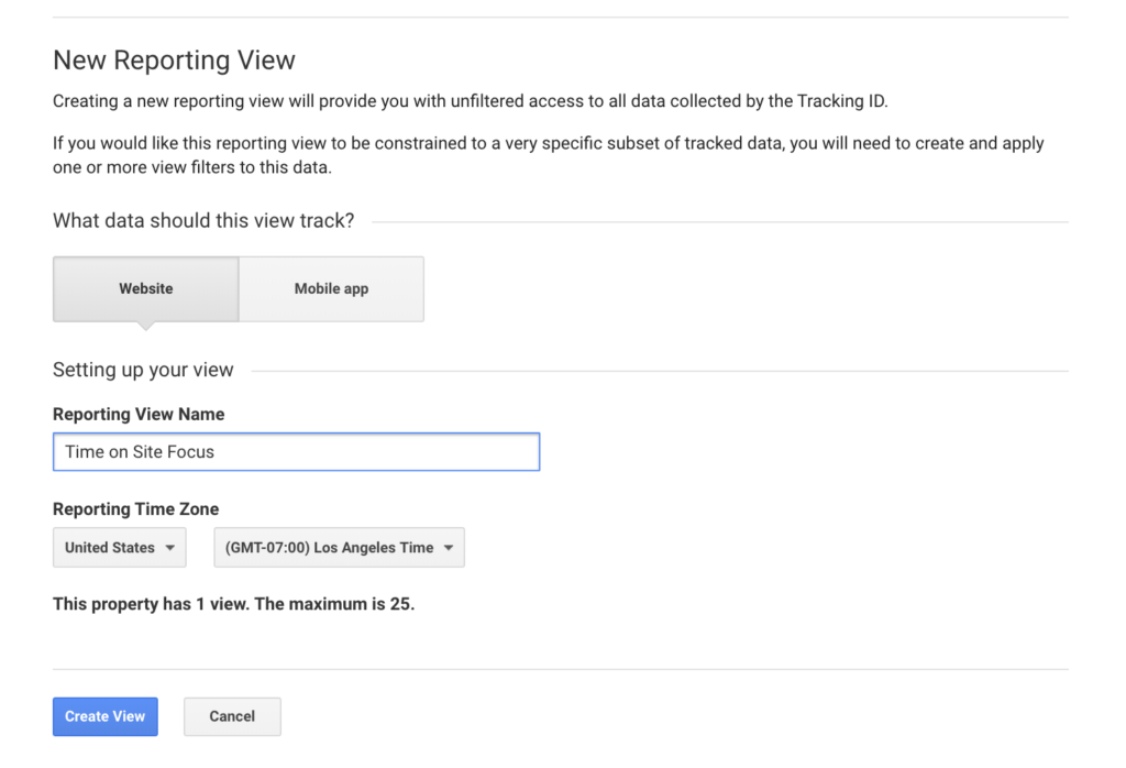 Creating a new view on Google Analytics.
