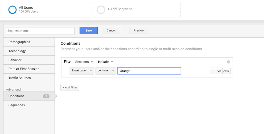 Setting segment conditions for event tracking.