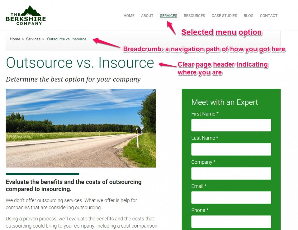 example of b2b website design that shows users where they are on the site.