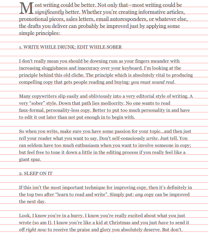 An article set with a consistent vertical grid that holds across differences in font sizes and heading styles. You can see that the text doesn’t sit perfectly on the lines; this is because of how the browser calculates font sizes. But it is good enough that the eye won’t notice when the lines are removed.