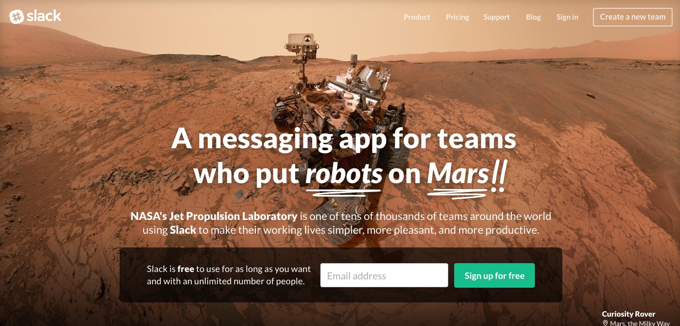 Slack Mars-laskeutumissivu.