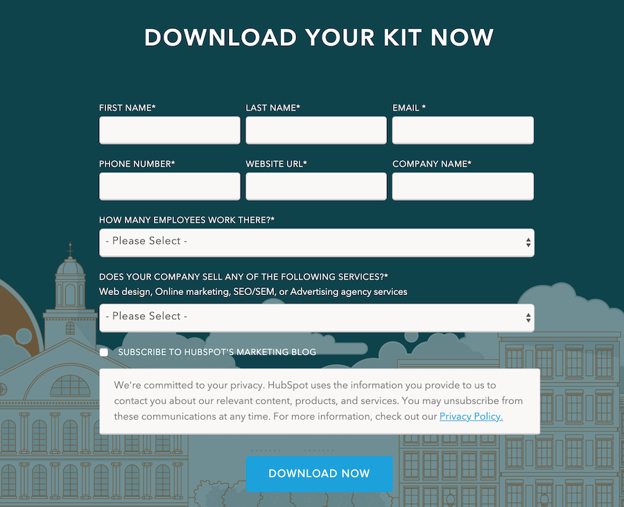 HubSpot's lead generation form with eight fields.