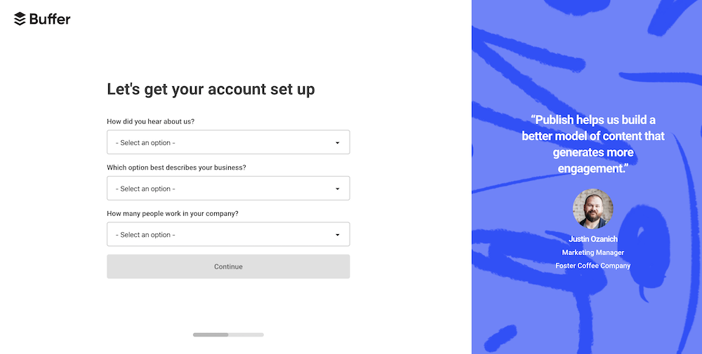 Buffer's onboarding screen with a progress bar.