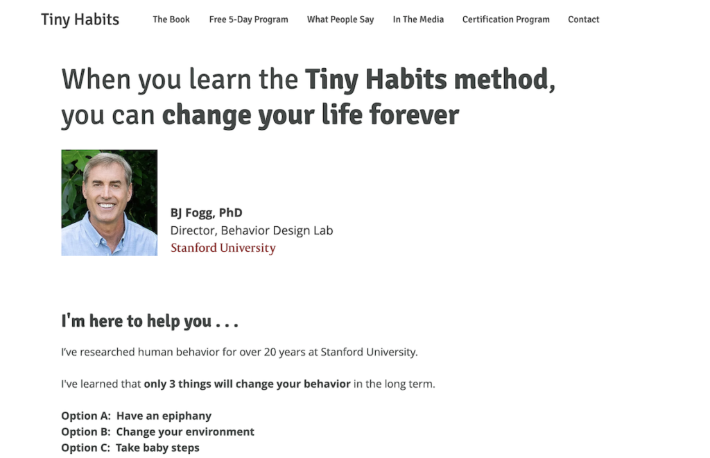 Tiny Habits homepage.