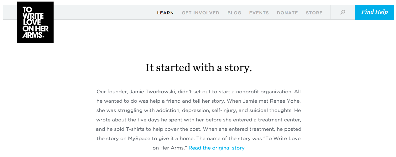 TWLOHA emotional storytelling on homepage.