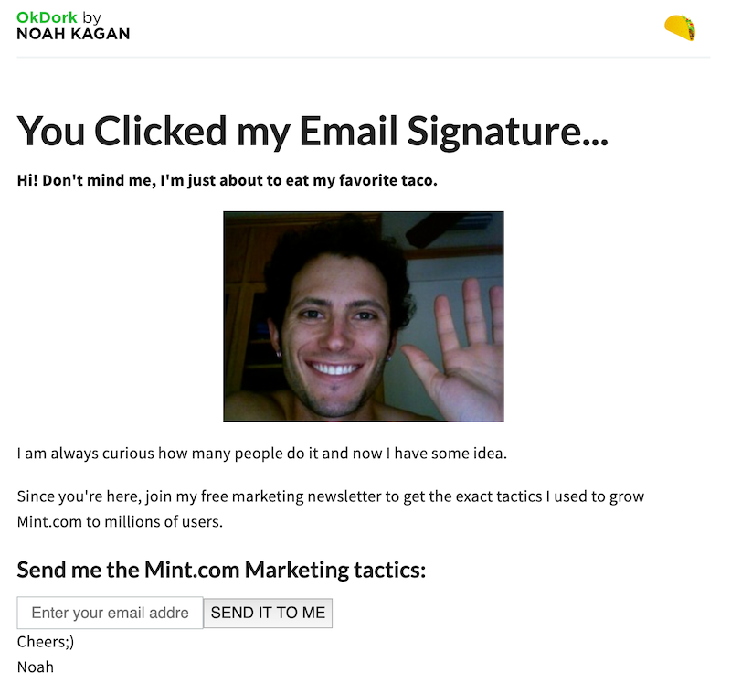 OkDork landing page from email signature.