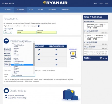 Ryanair's hidden option to opt-out of insurance.