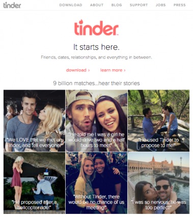 tinder value proposition on homepage.