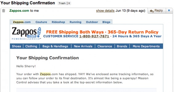 Zappos Post-Purchase Email