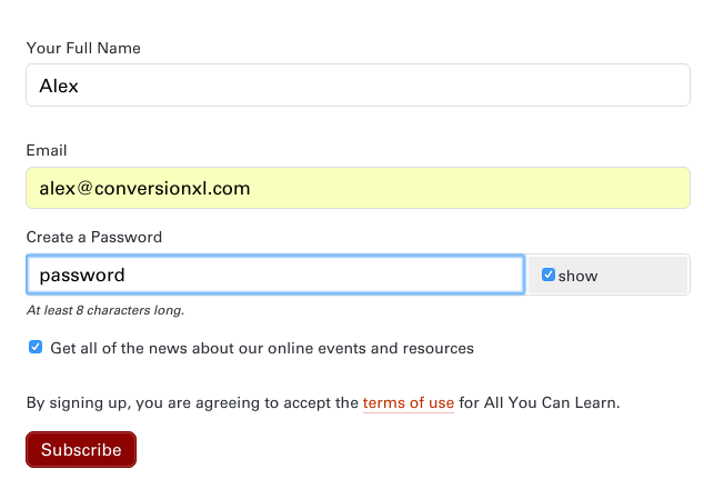 An example of unmasking a password in a form.