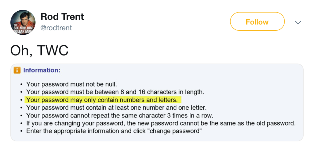 A tweet with bad password requirements.