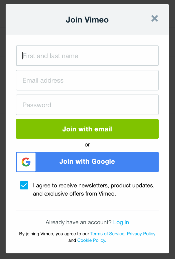 An example of Vimeo's signup form without a field to confirm the password.