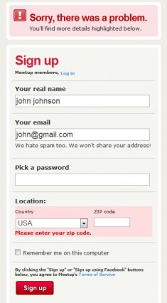 Old Meetup.com signup form with zip code error.