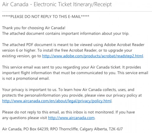 Air Canada Transactional Email