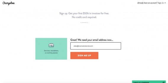 email-only sign-up flow on chargebee website.