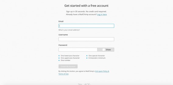 first page of mailchimp sign-up process.
