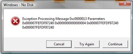 error message full of technical error codes.