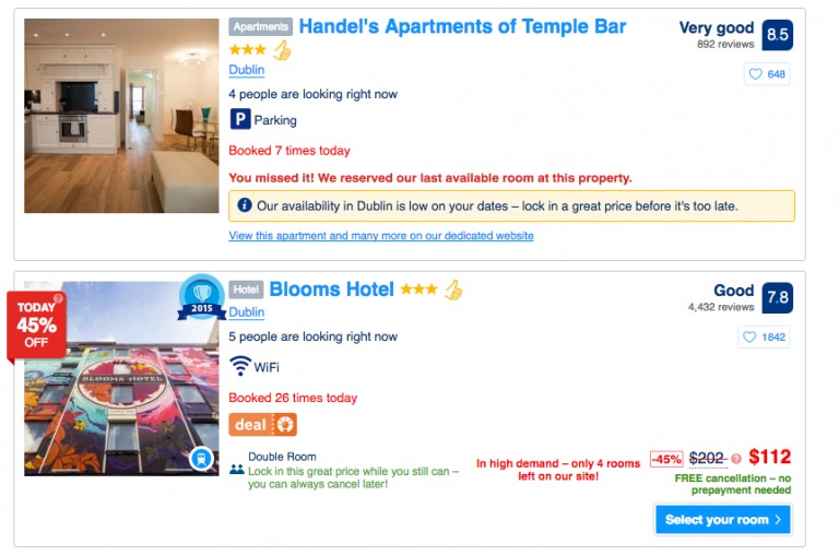 Screenshot of a booking.com page. It shows a room with the message, You missed it! We reserved our last available room at this property.