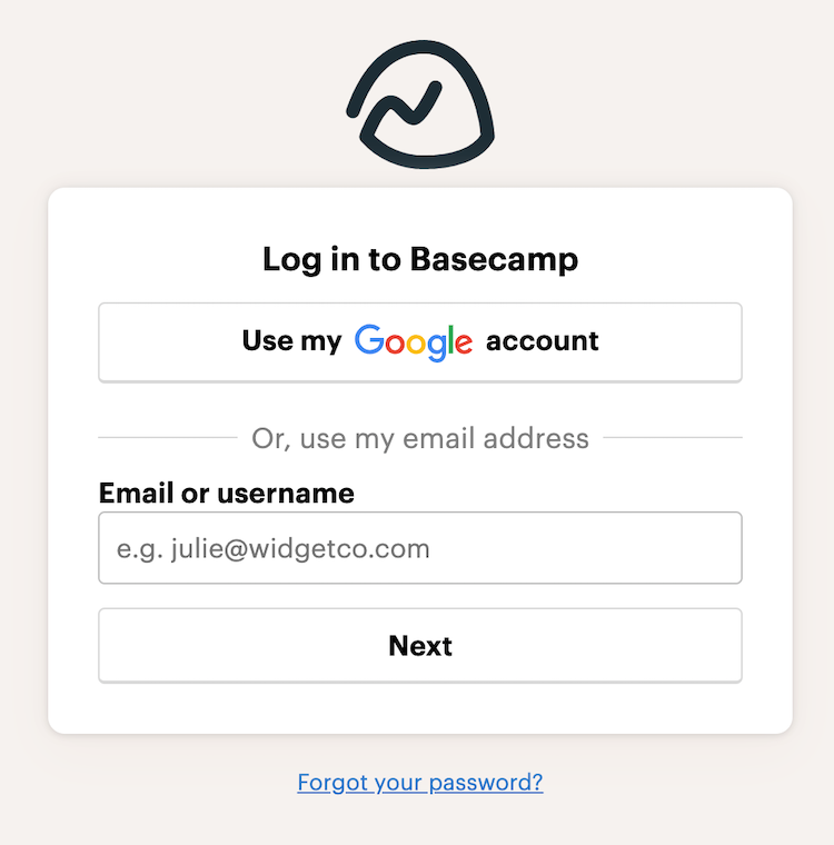 Basecamp login page with Google login.
