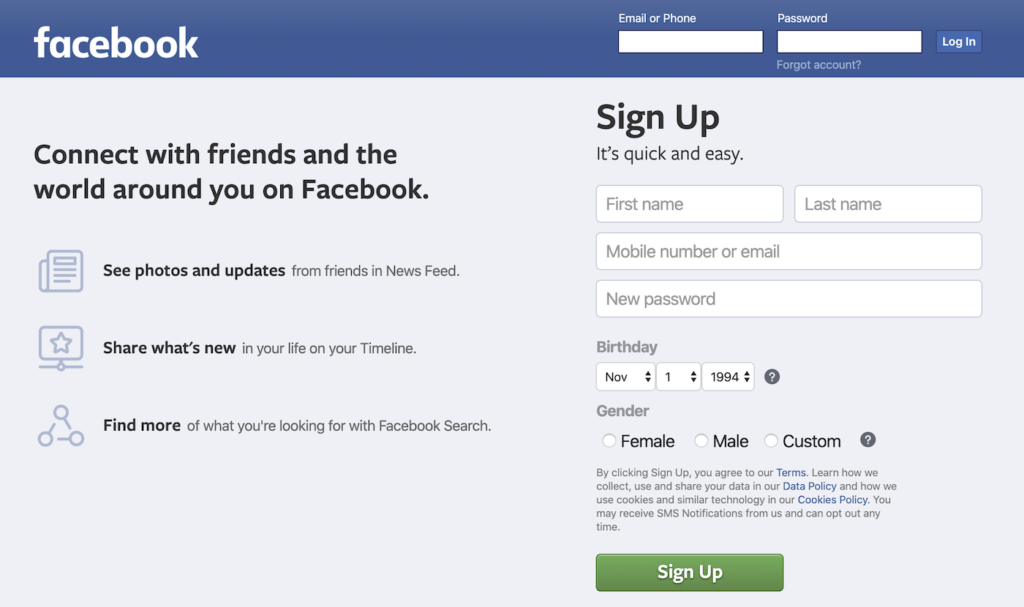 Facebook signup page with a single password field.