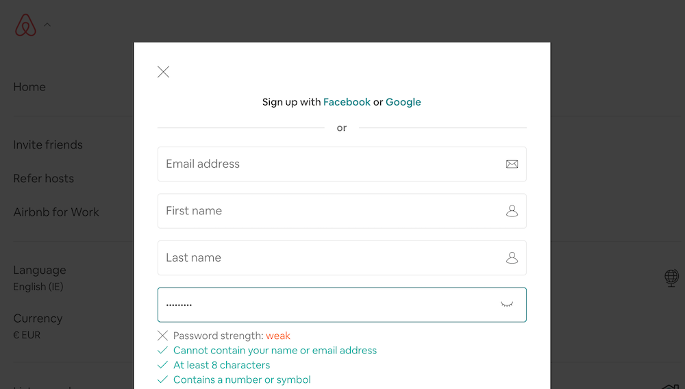 Airbnb signup page with password strength indicator.