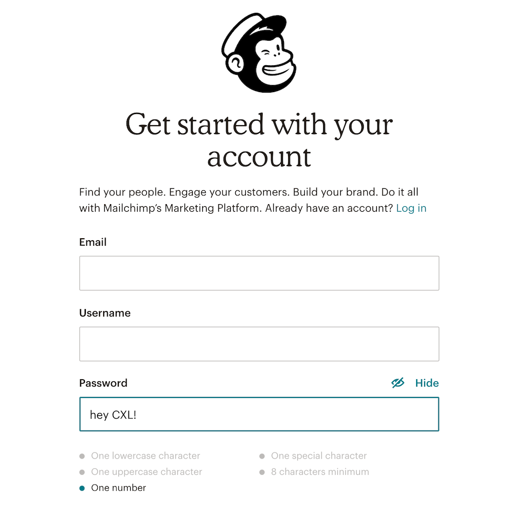 Mailchimp signup page with password unmasking.