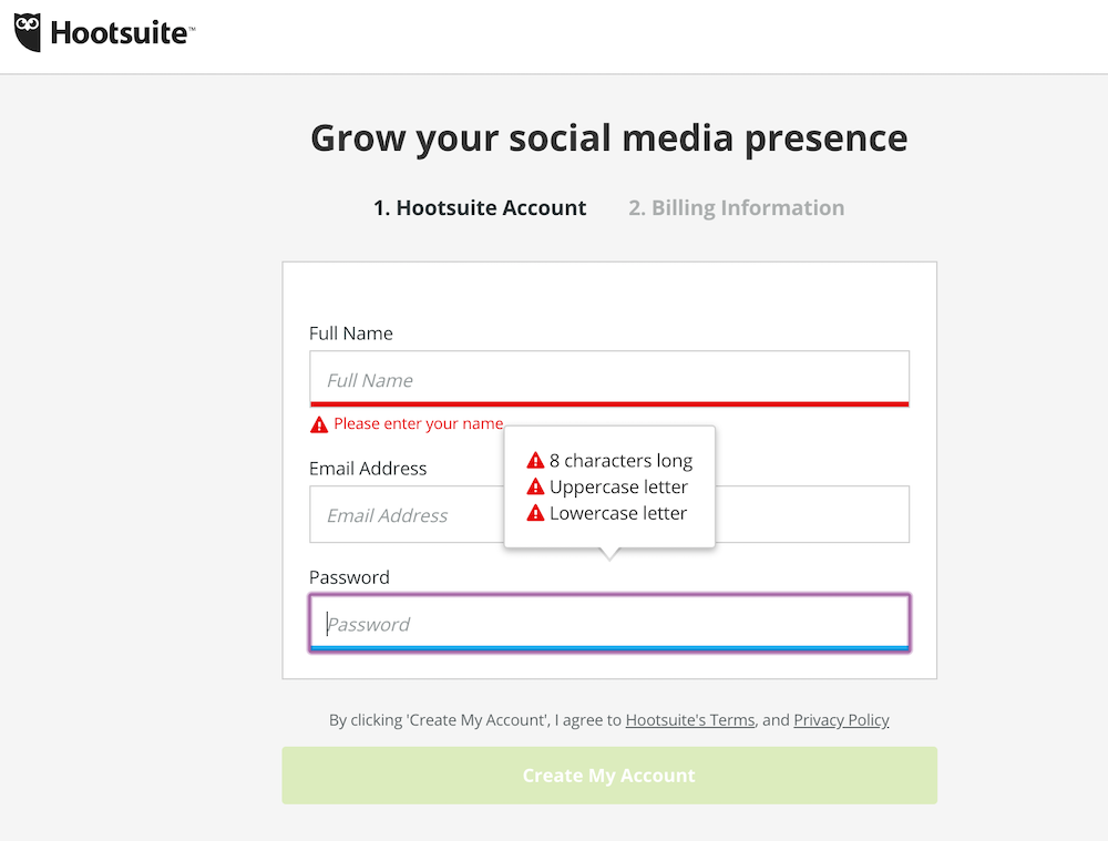 Hootsuite signup page with pasword requirements.