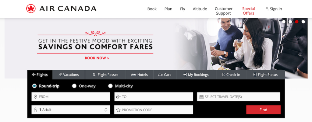 Air Canada homepage.